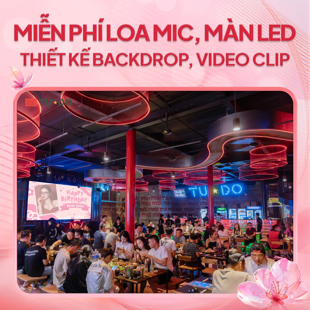 Miễn phí loa, mic, màn led, thiết kế backdrop, video clip